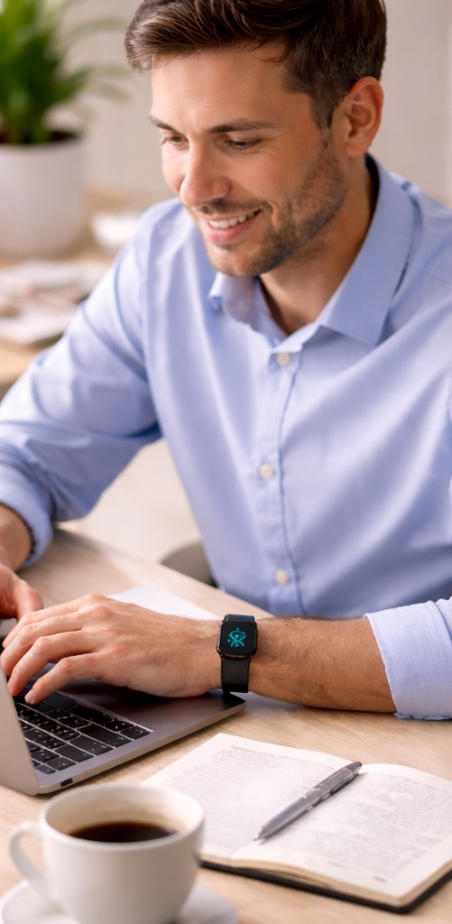 Homme qui travaille à son bureau, bracelet connecté au poignet.
