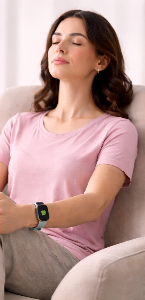 Femme qui se détend dans son canapé, bracelet connecté au poignet.