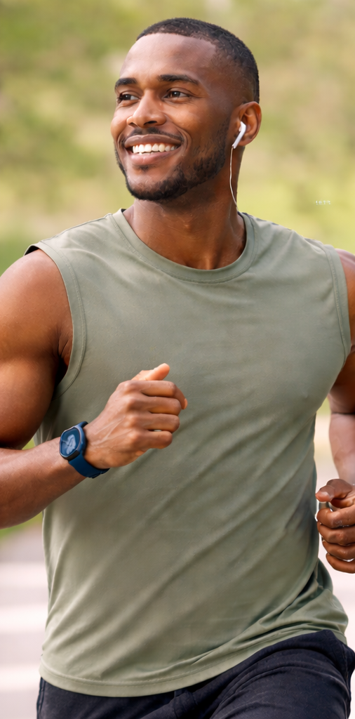 Homme qui fait du running, bracelet connecté au poignet.